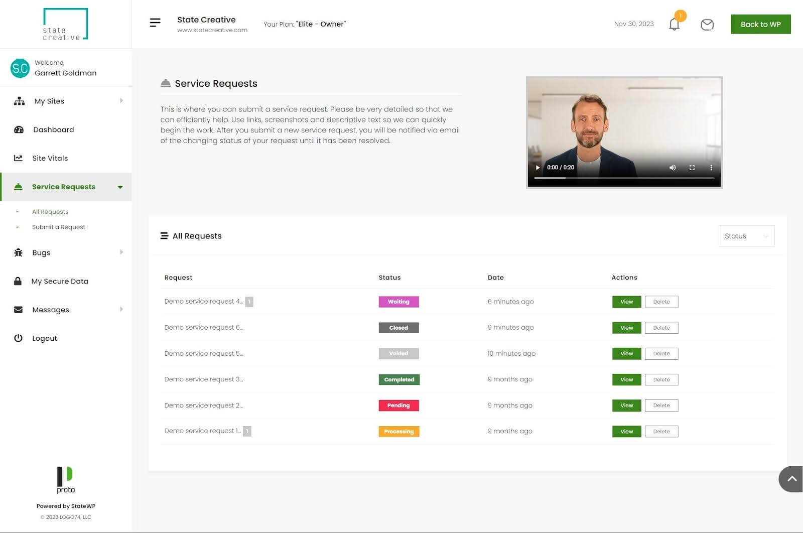 Screenshot of Proto service request screen