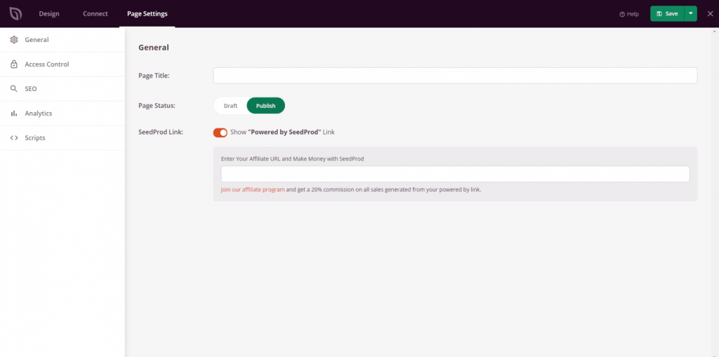 &ldquo;Page Settings&rdquo; at the top of the page builder. Under &ldquo;General,&rdquo; enter a title and select &ldquo;Publish.&rdquo;
