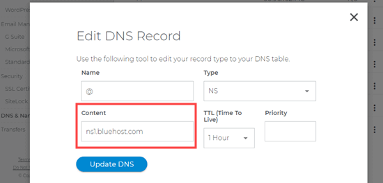 Enter the new name server in the &ldquo;Content&rdquo; box and click &ldquo;Update DNS.&rdquo; Repeat this process for ns2.