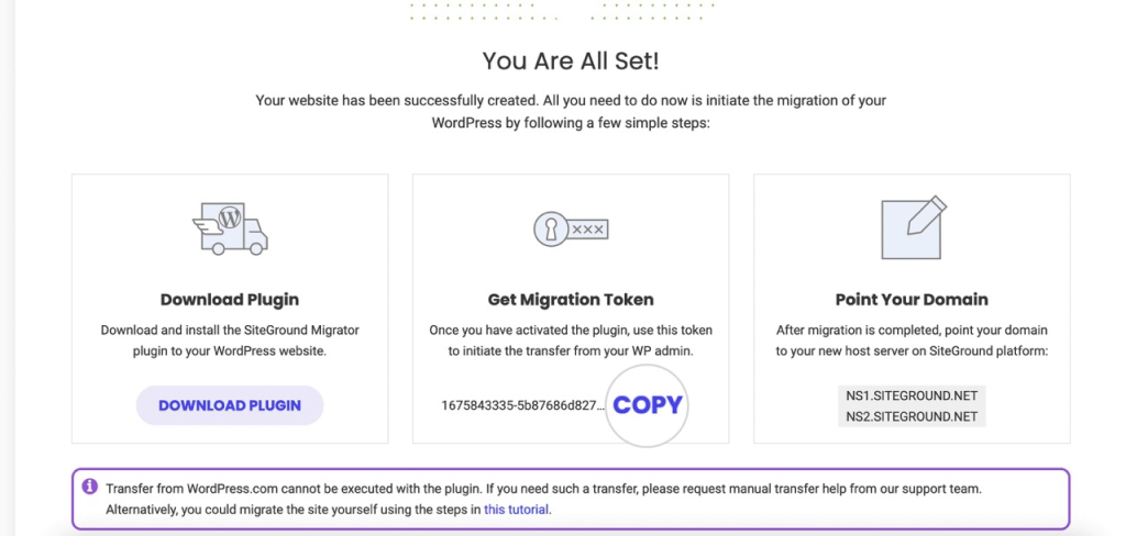 click &ldquo;Copy&rdquo; underneath the &ldquo;Get Migration Token&rdquo; header.