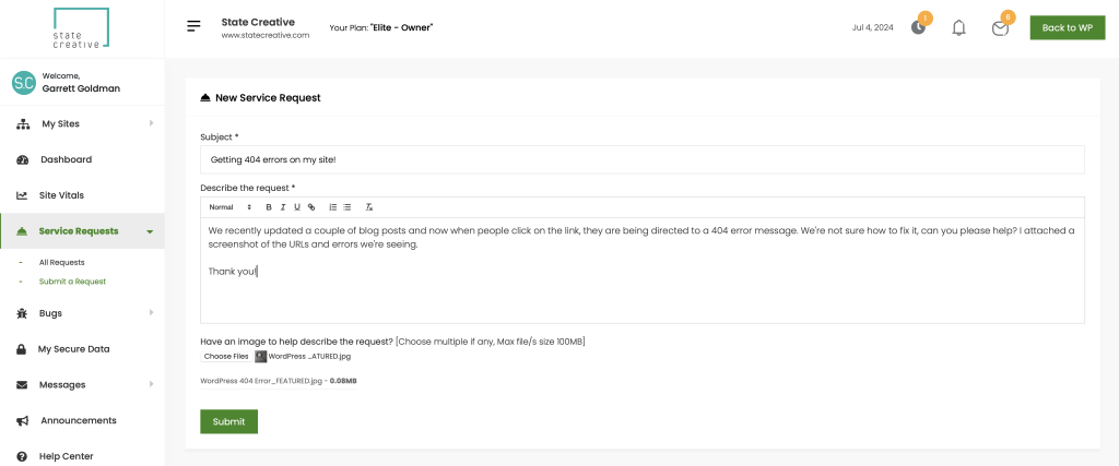 WordPress 404 Error submission via Proto dashboard