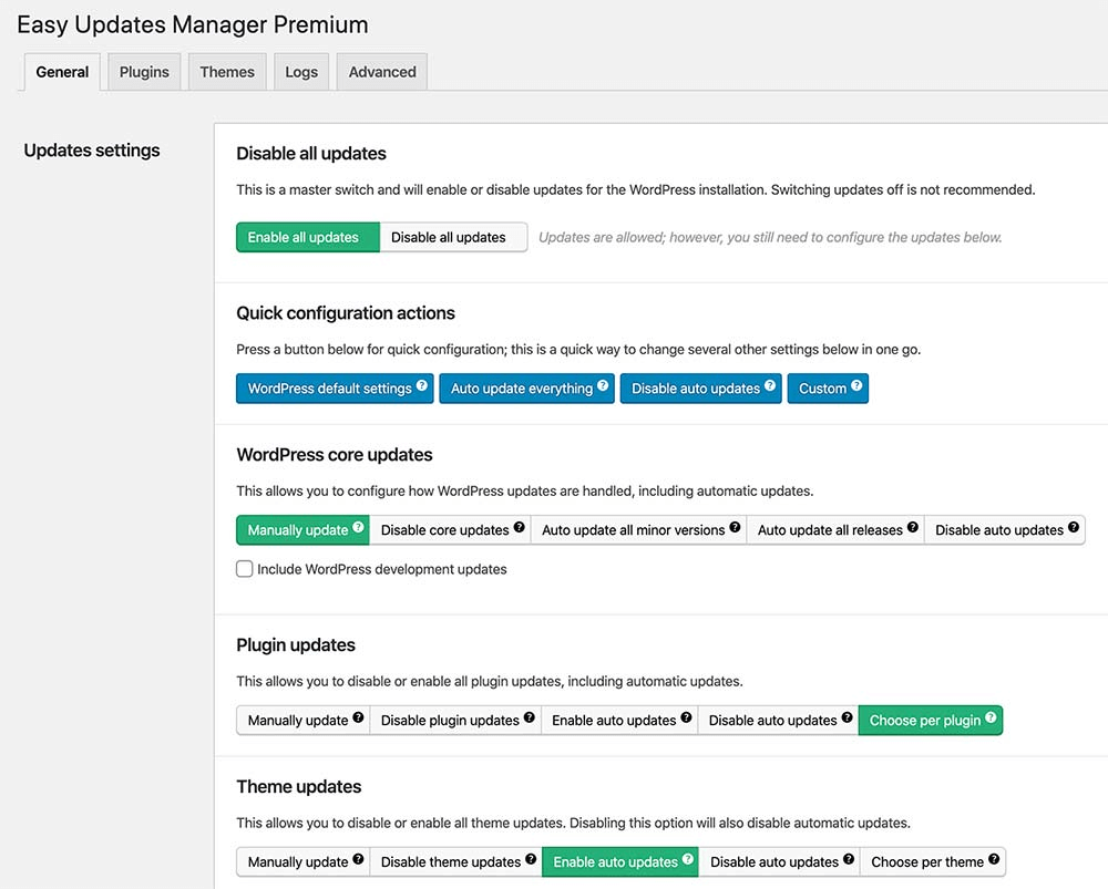 Easy Updates Manager Premium plugin menu screenshot