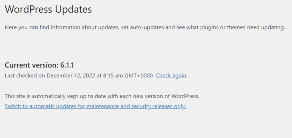 WordPress Updates menu