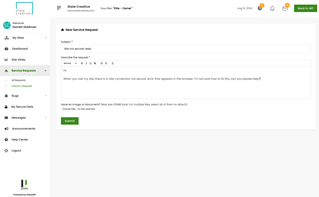 Screenshot of Proto submission with connection not secure wordpress error