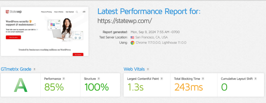 performance score for statewp.com showing 
