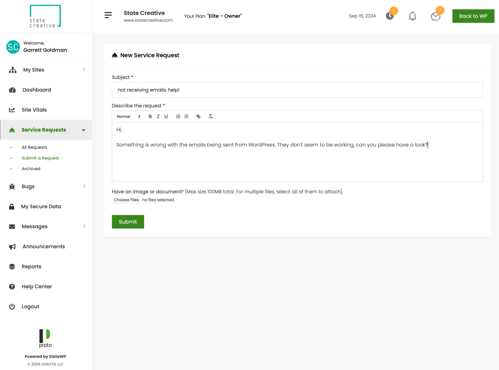service request drafted in Proto about WordPress emails not working