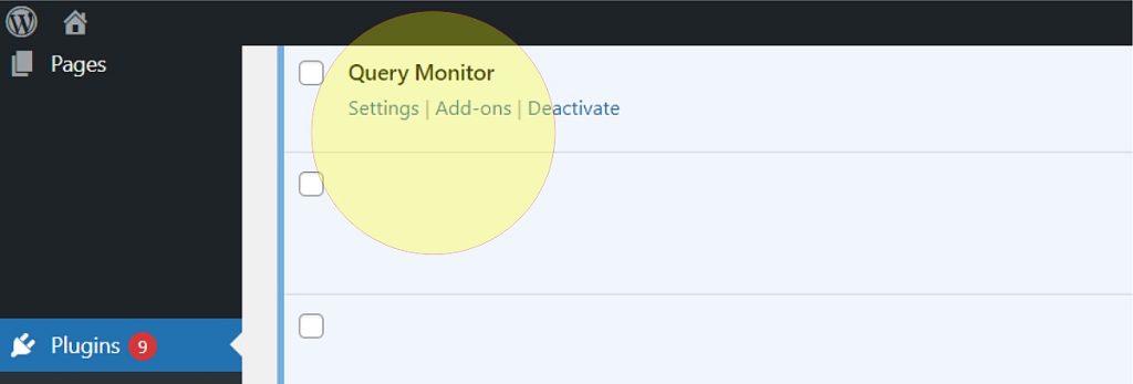 &ldquo;Plugins&rdquo; on WordPress dashboard, showing Query Monitor