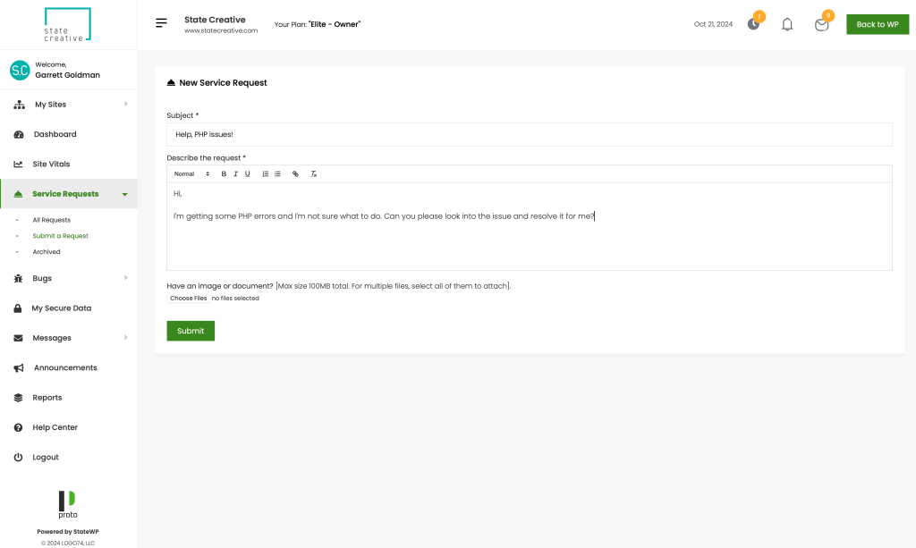 somebody submitting a PHP error in Proto