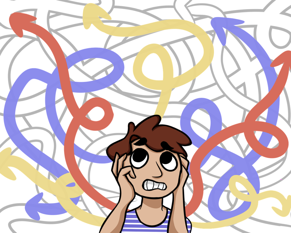 drawing of a man holding his head in his hands as he looks up at the arrows twisting and turning behind him