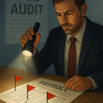 Business owner shining a flashlight over payroll documents, uncovering red flags as a DOL audit notice fades in the background.