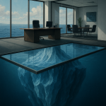 A modern glass-walled office floats above the ocean, revealing a massive iceberg beneath the surface through a transparent glass floor.