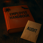 A dusty orange employee handbook sits beside an envelope labeled “Audit” on a dimly lit desk surrounded by glowing jack-o’-lanterns, cobwebs, and plastic spiders, symbolizing the danger of ignoring compliance updates.
