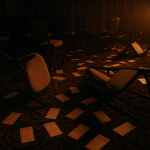 Dimly lit hotel conference room with overturned chairs and scattered timecards on the floor, bathed in an eerie orange glow symbolizing chaos from poor compliance.