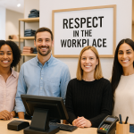 A diverse team of retail employees smiling behind a modern store counter with a “Respect in the Workplace” poster in the background, representing a positive, compliant workplace culture.