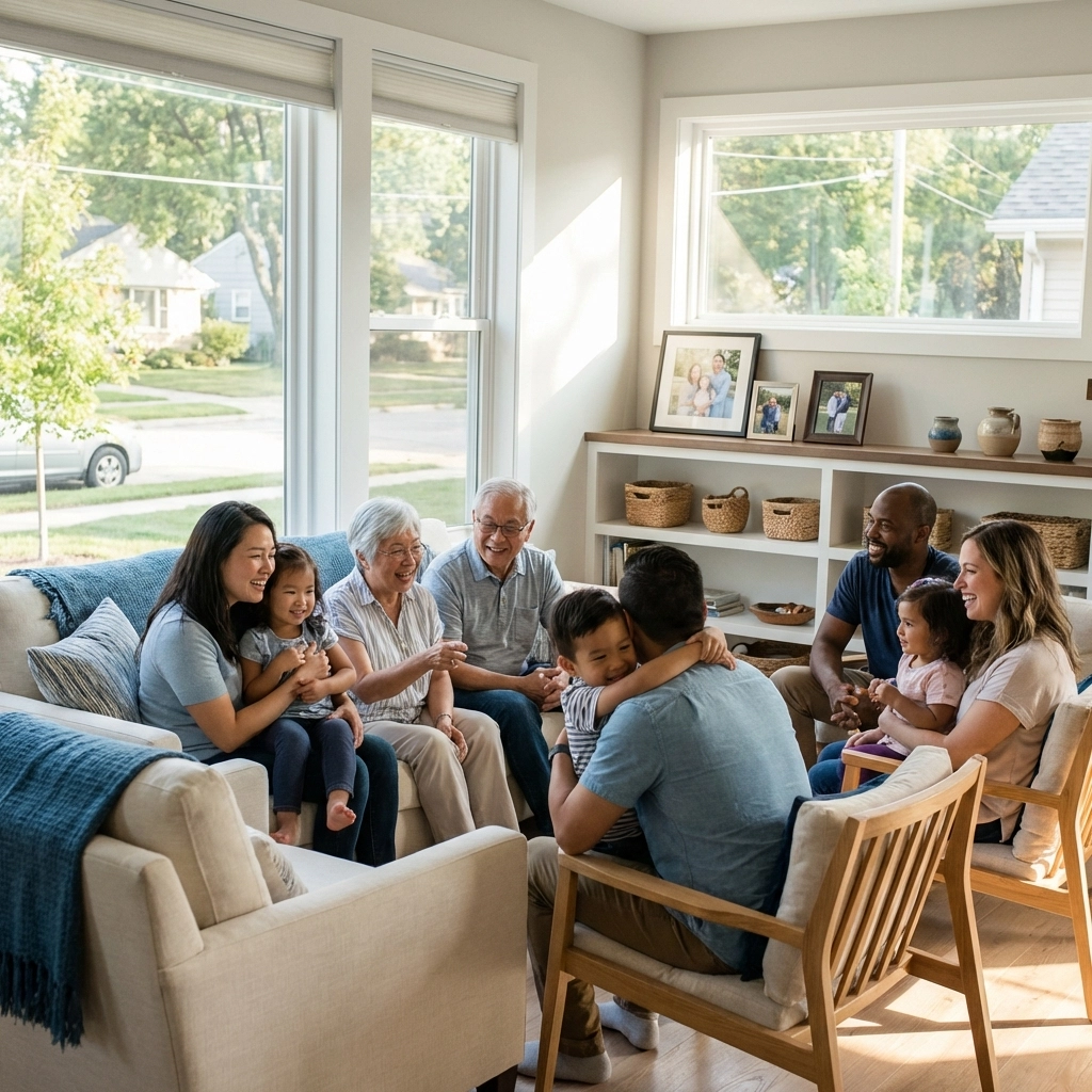 Multigenerational multicultural family relaxing in a bright living room, symbolizing unity and legacy in estate planning