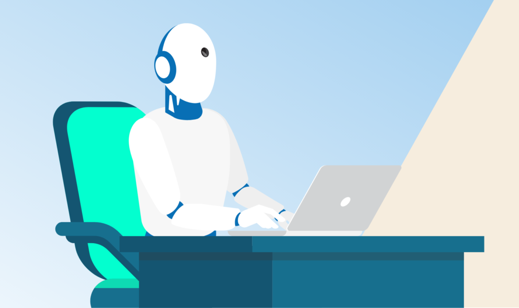robot sitting at a desk writing on a laptop