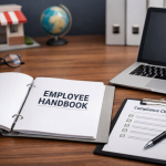 Open employee handbook beside a laptop and compliance checklist on a professional desk, illustrating employee handbook compliance in 2026 for franchise employers.