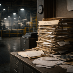 Stack of payroll files in a manufacturing office, symbolizing hidden payroll compliance risks for employers