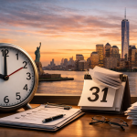 New York City skyline at dawn viewed from an office desk with a clock, calendar, and compliance documents, symbolizing upcoming employment law deadlines.