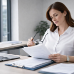 Professional female small business owner reviewing workplace compliance documents at a desk in a modern office with natural light and blue gray tones