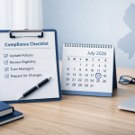 Compliance planning desk with a checklist and calendar highlighting upcoming New Jersey Family Leave Act changes for employers