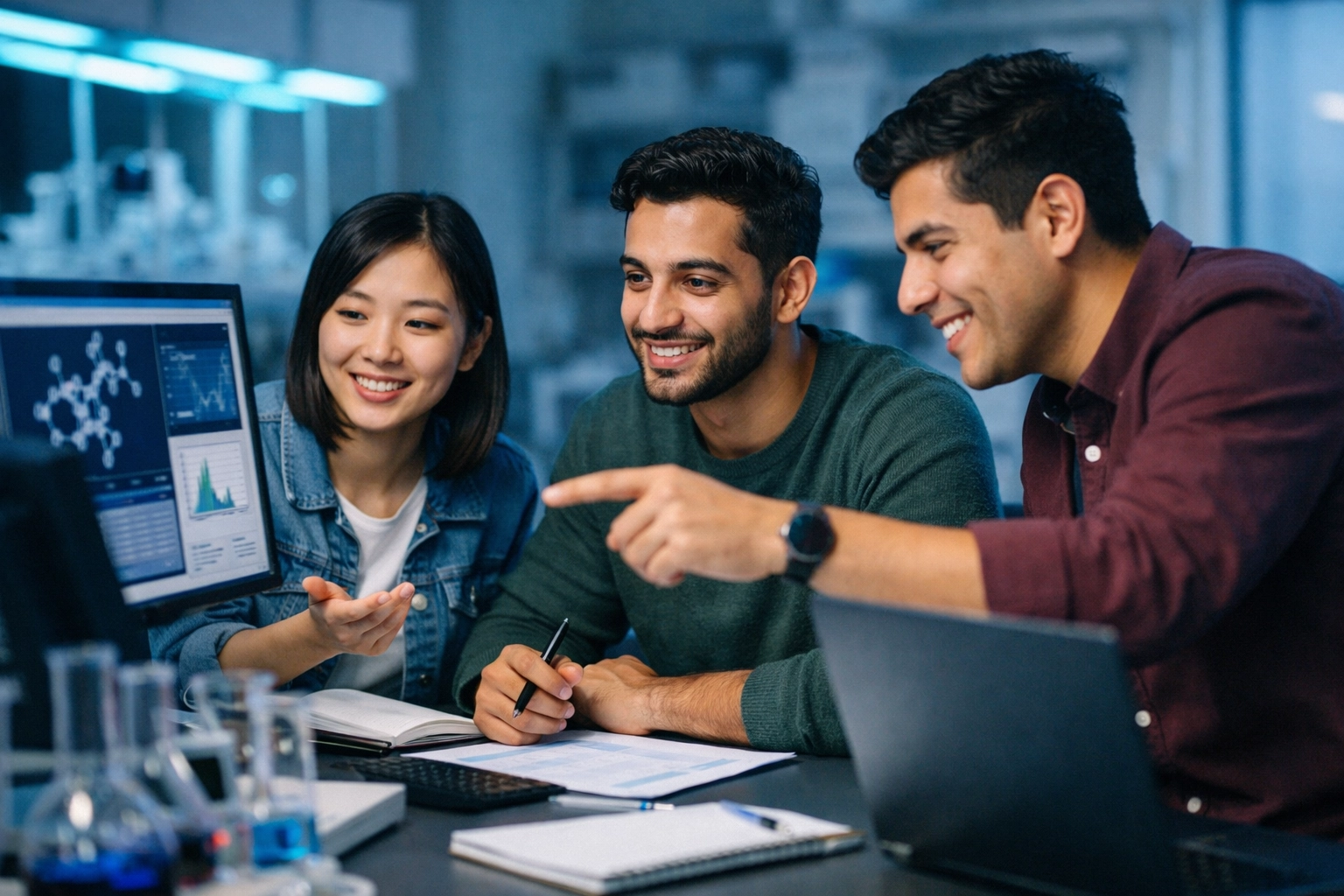 International graduate students and researchers collaborating in university lab