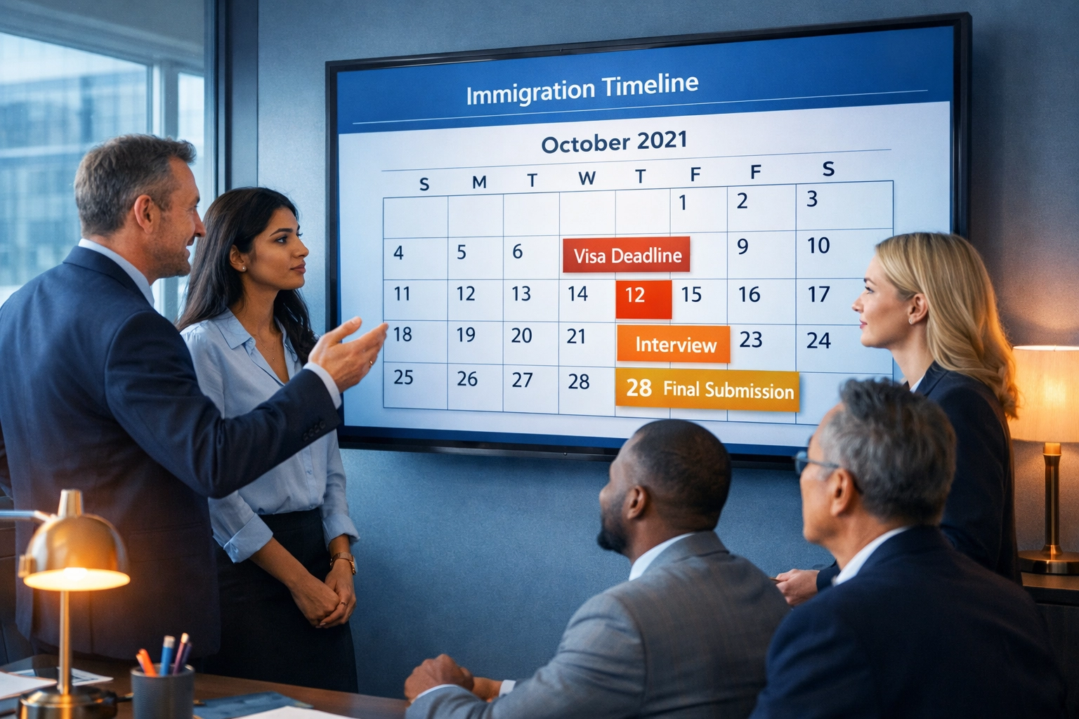 Professionals reviewing visa bulletin priority dates and immigration timelines on office display