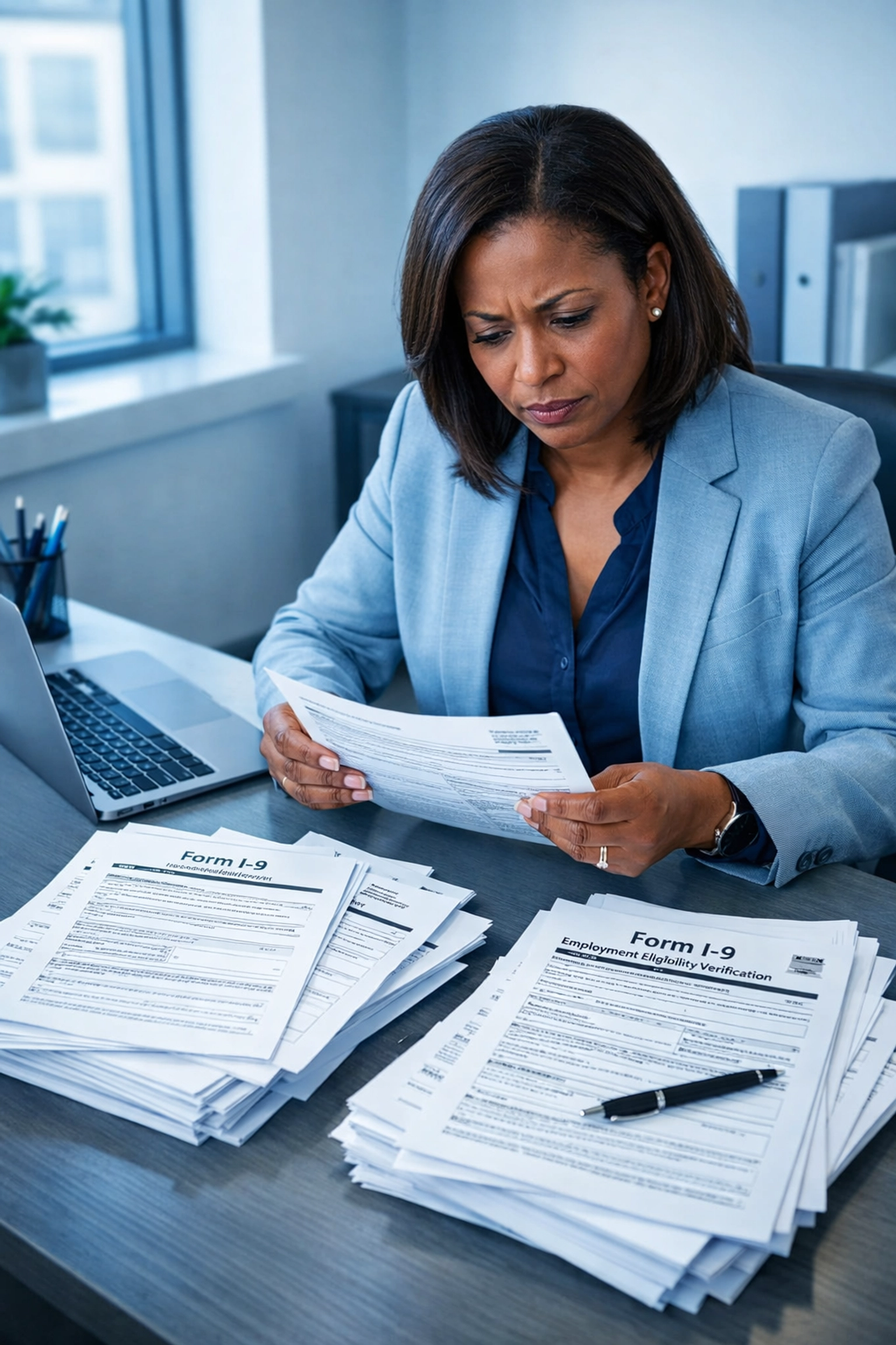 HR manager reviewing I-9 employment verification forms at office desk