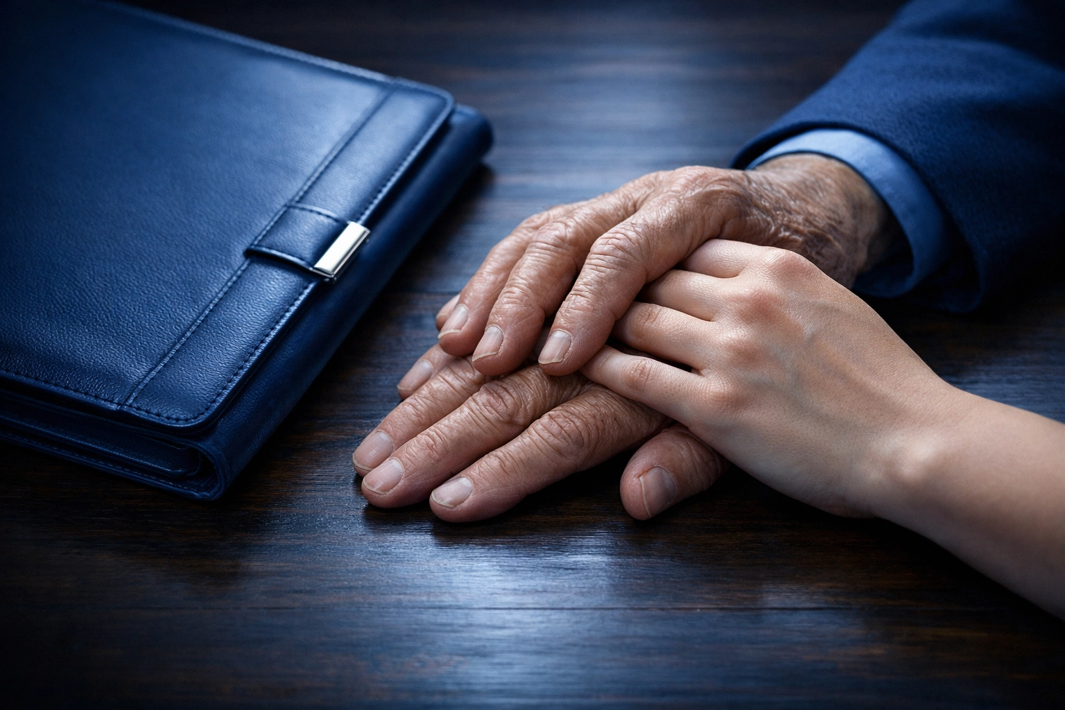 Older and younger hands resting on a legal portfolio, symbolizing a secure family legacy.