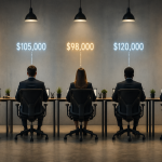 Professionals seated at identical desks with different salary figures displayed above them, illustrating unequal pay among similar roles.