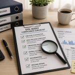 Clean office workspace with payroll documents, a compliance checklist on a clipboard, and a magnifying glass highlighting key audit details.