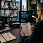 Professional executive reviewing a remote work compliance checklist while monitoring a distributed team across multiple screens in different locations