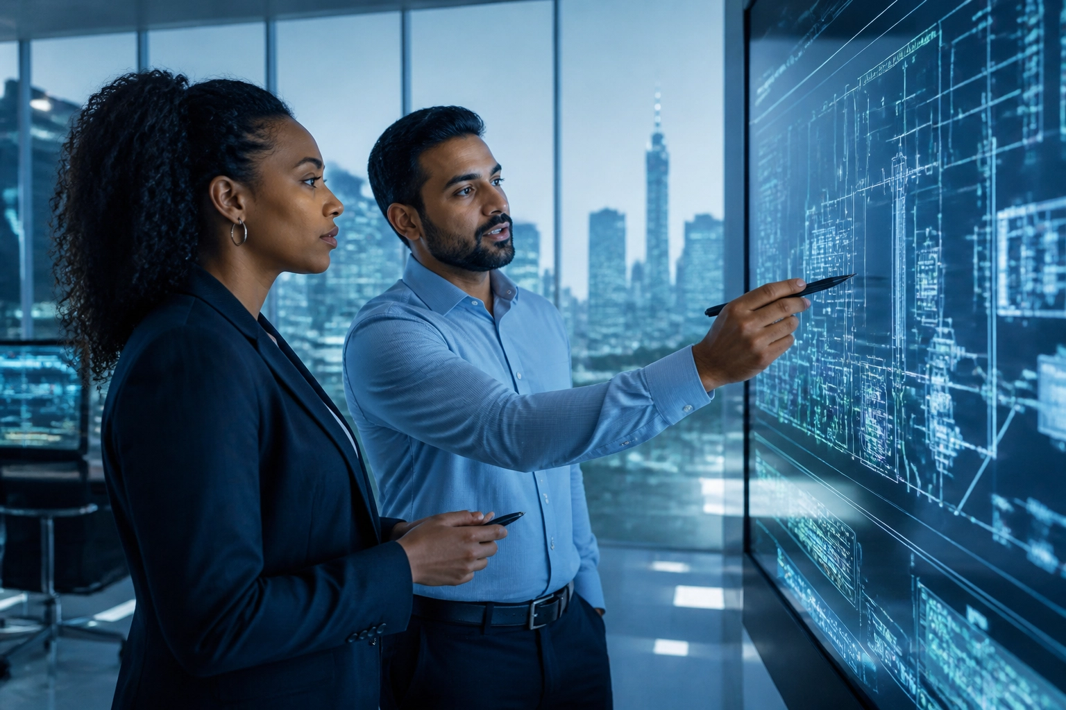 Diverse engineers reviewing technical designs in a high-tech office during PERM recruitment.