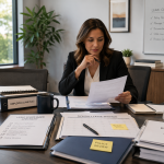 Business owner reviewing employee leave policies, compliance checklists, and HR documentation during a mid-year employee leave compliance audit.