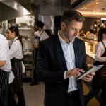 Restaurant manager reviews payroll reports on a tablet while cooks and servers work in a busy kitchen during the dinner rush, illustrating proactive wage and hour compliance.