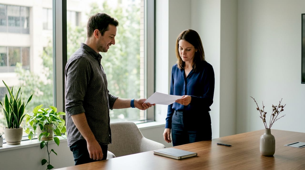 Hands exchanging quota disclosure document