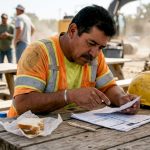 Labor worker reviewing pay documents in breakroom