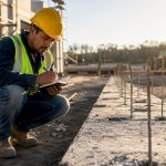 Construction worker writing in notebook on site