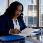 Woman reviewing labor trafficking legal documents