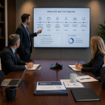 Leadership team in a professional services firm reviews a compliance timeline during a strategic meeting focused on employment law risk management and proactive decision making.