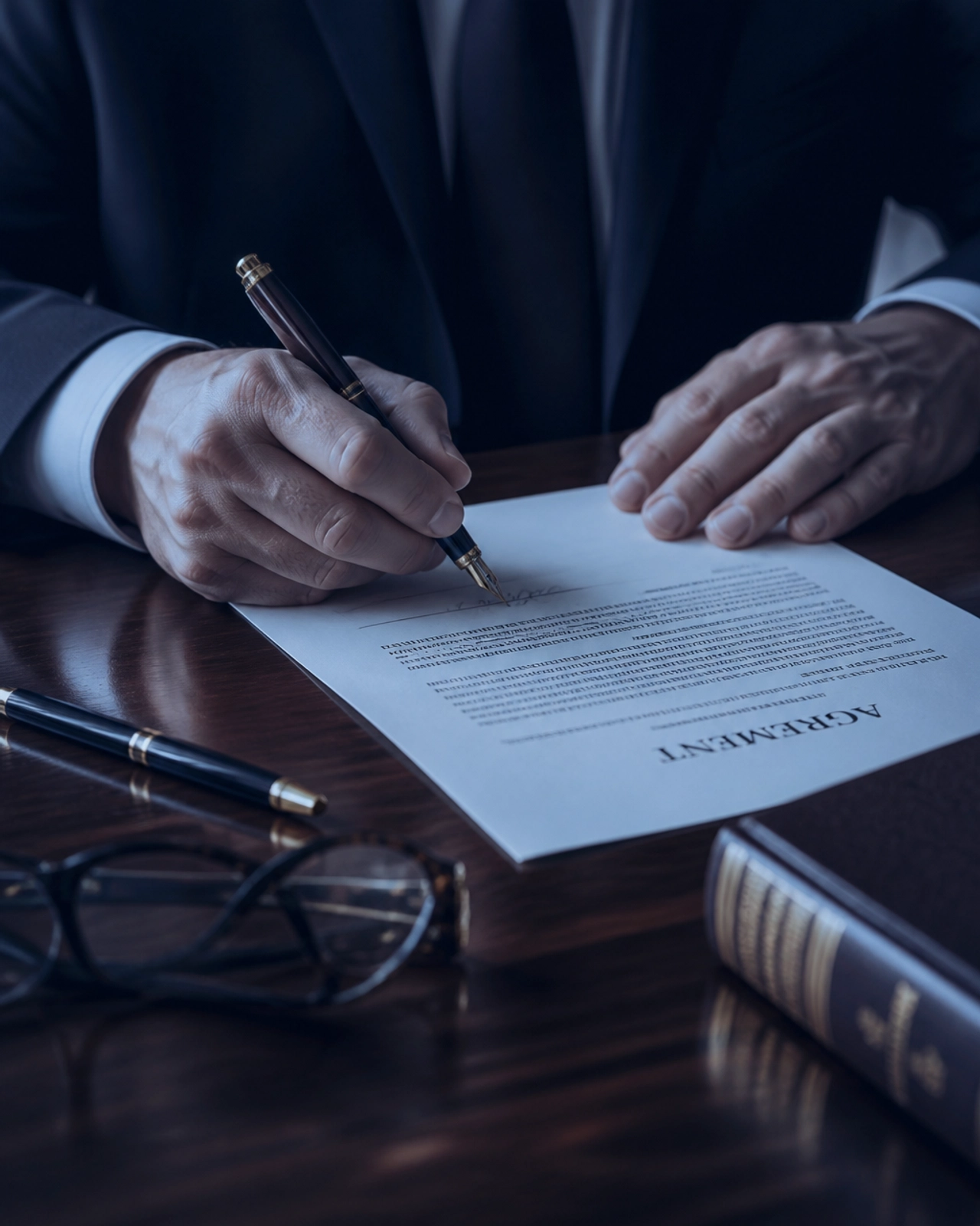 A person signing a legal document for a physician contract
