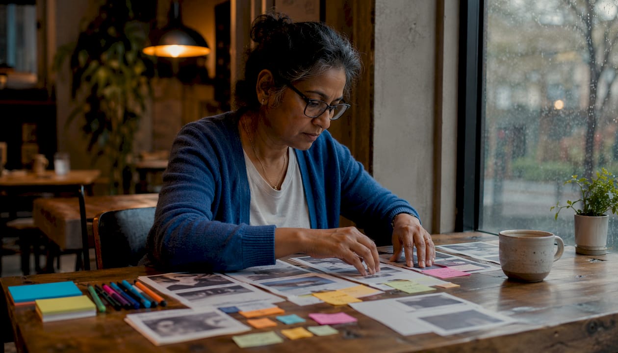 Woman organizing legal evidence timeline at home office
