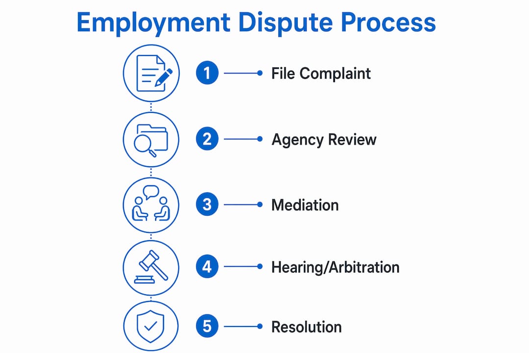 Infographic illustrating U.S. employment dispute steps