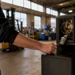 Hand punching time clock close-up side