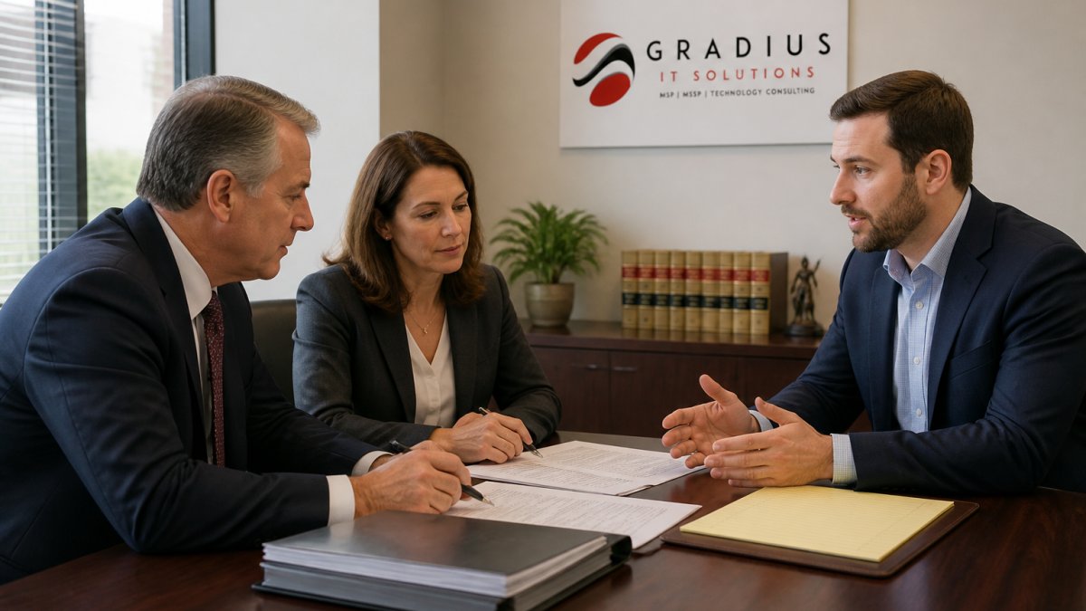 IT Consulting for Small Law Firms: A 2026 Guide 1 IT consultant discussing technology strategy with law firm partners during an IT consulting for small law firms meeting.